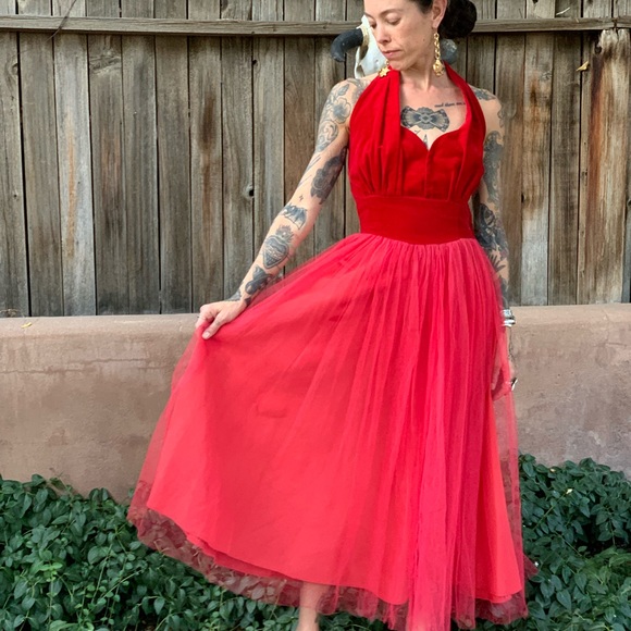 Vintage 1950s Bombshell Red Velvet Party Dress S/M - Picture 5 of 16
